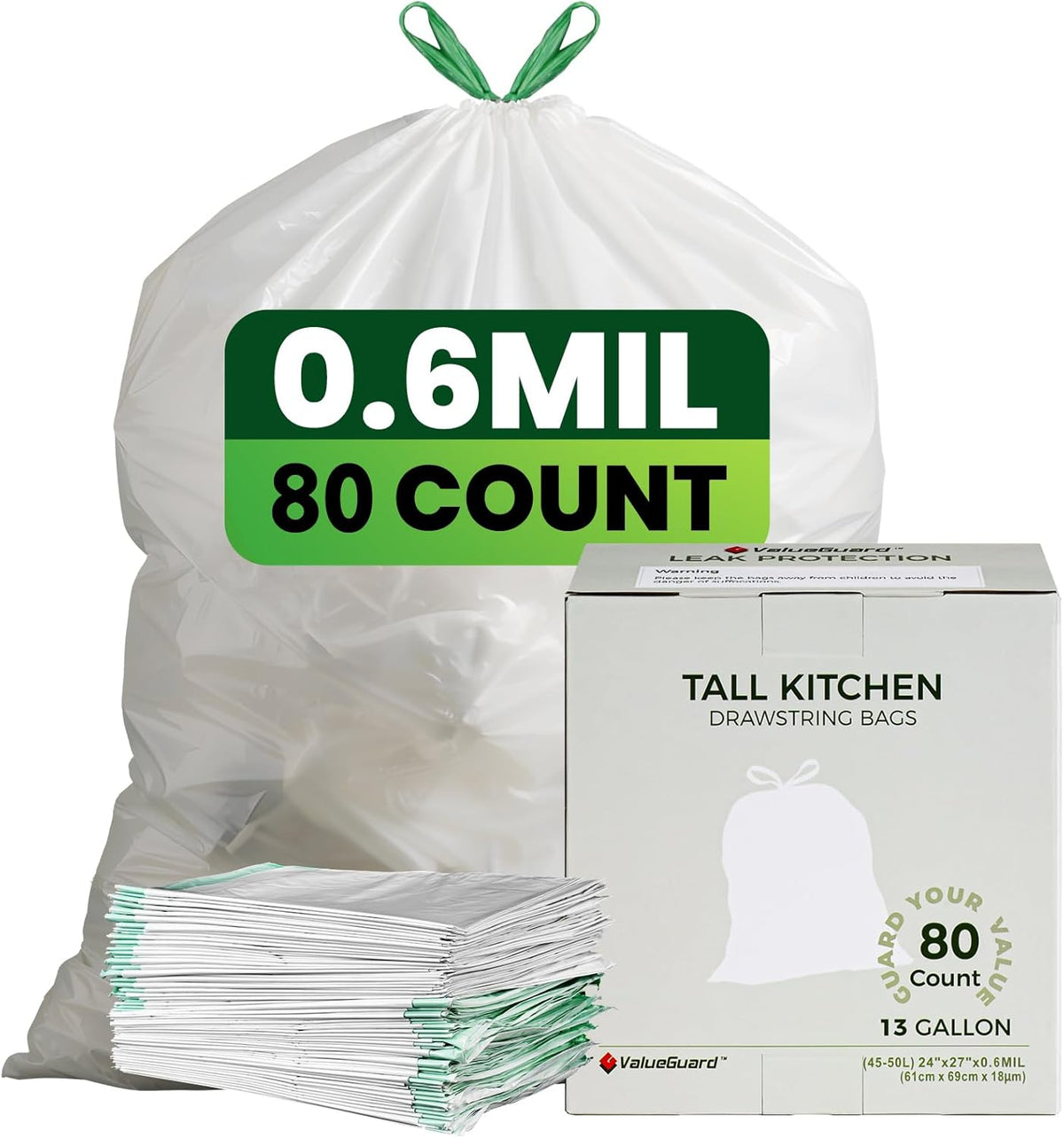 Large Trash Bag 13 Gallon Tall Drawstring 100% Post-Consumer Recycled Garbage Bag Waste Bag for
