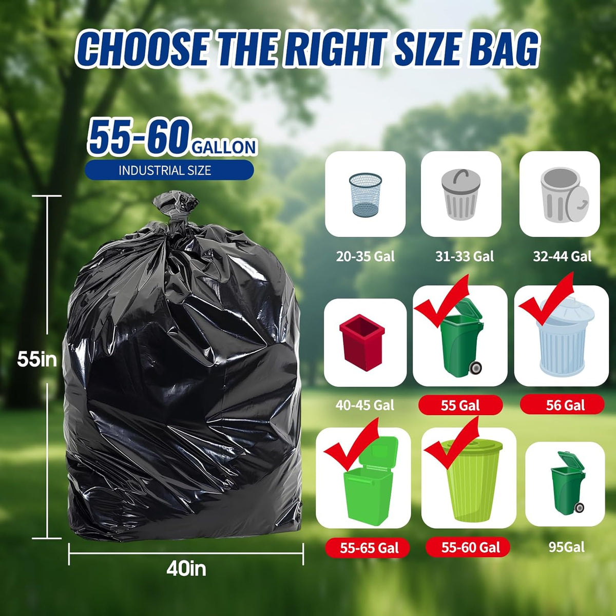 120 Count 55-60 Gallon Trash Bags, Tear-Free Large Black Garbage Bags for Kitchen, Office, Outdoor