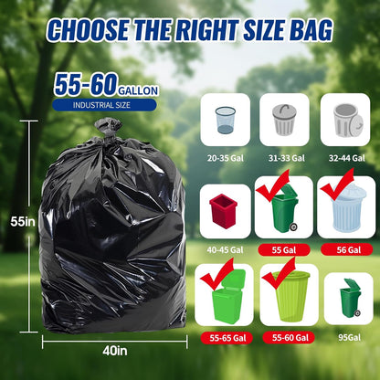 120 Count 55-60 Gallon Trash Bags, Tear-Free Large Black Garbage Bags for Kitchen, Office, Outdoor