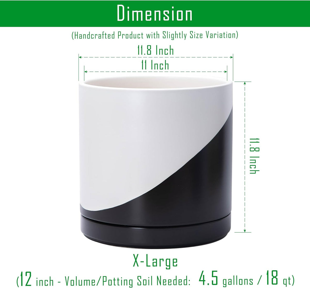 D'vine Dev 12 Inch Ceramic Planter Pot with Drainage Hole and Saucer, Indoor Cylinder Round Planter