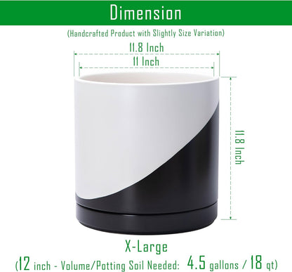 D'vine Dev 12 Inch Ceramic Planter Pot with Drainage Hole and Saucer, Indoor Cylinder Round Planter