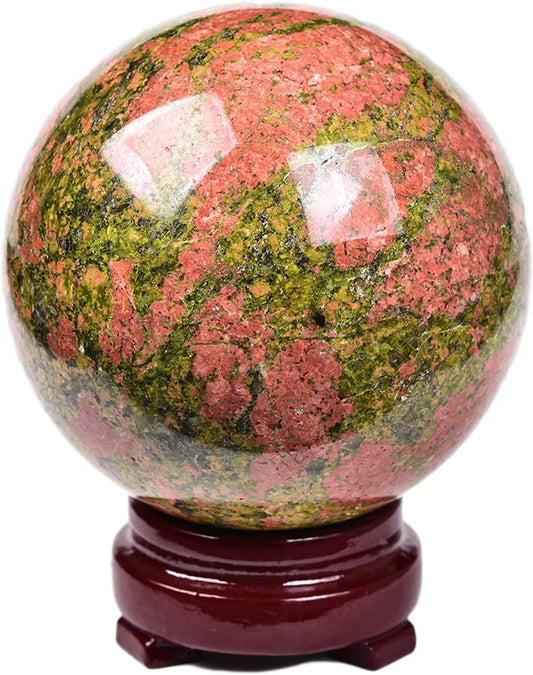 JIC Gem Natural Unakite Crystal Sphere Rock Quartz Crystal Ball with Wood Stand Healing Meditation