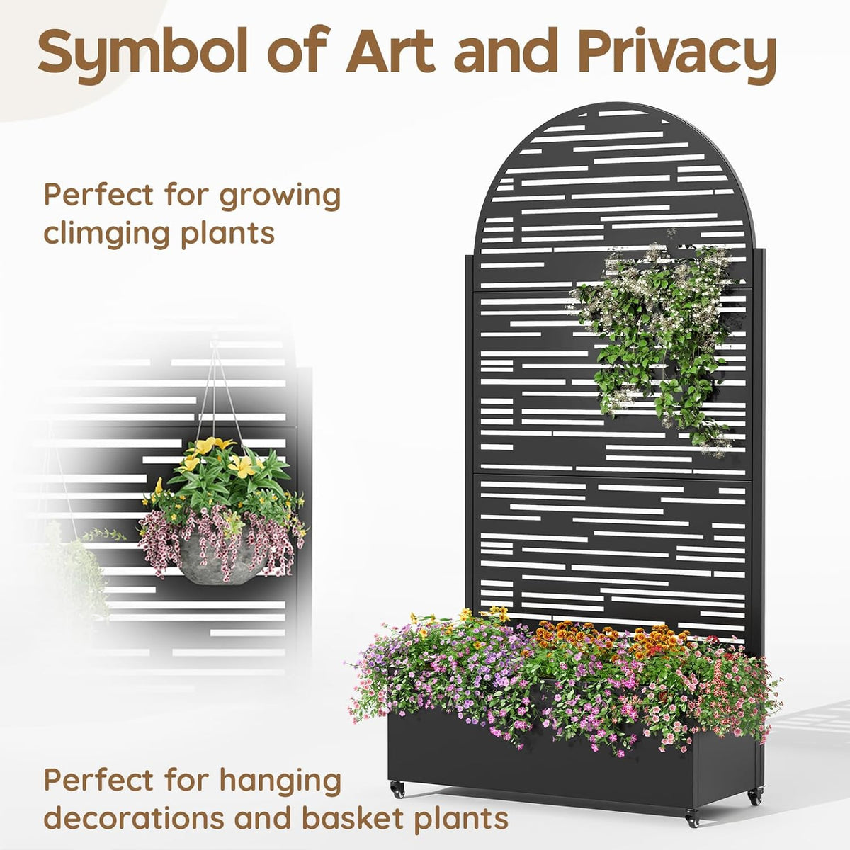Metal Raised Garden Bed with Trellis & Wheels,72" x 35"x 15.7" Planter Box with Trellis,Privacy