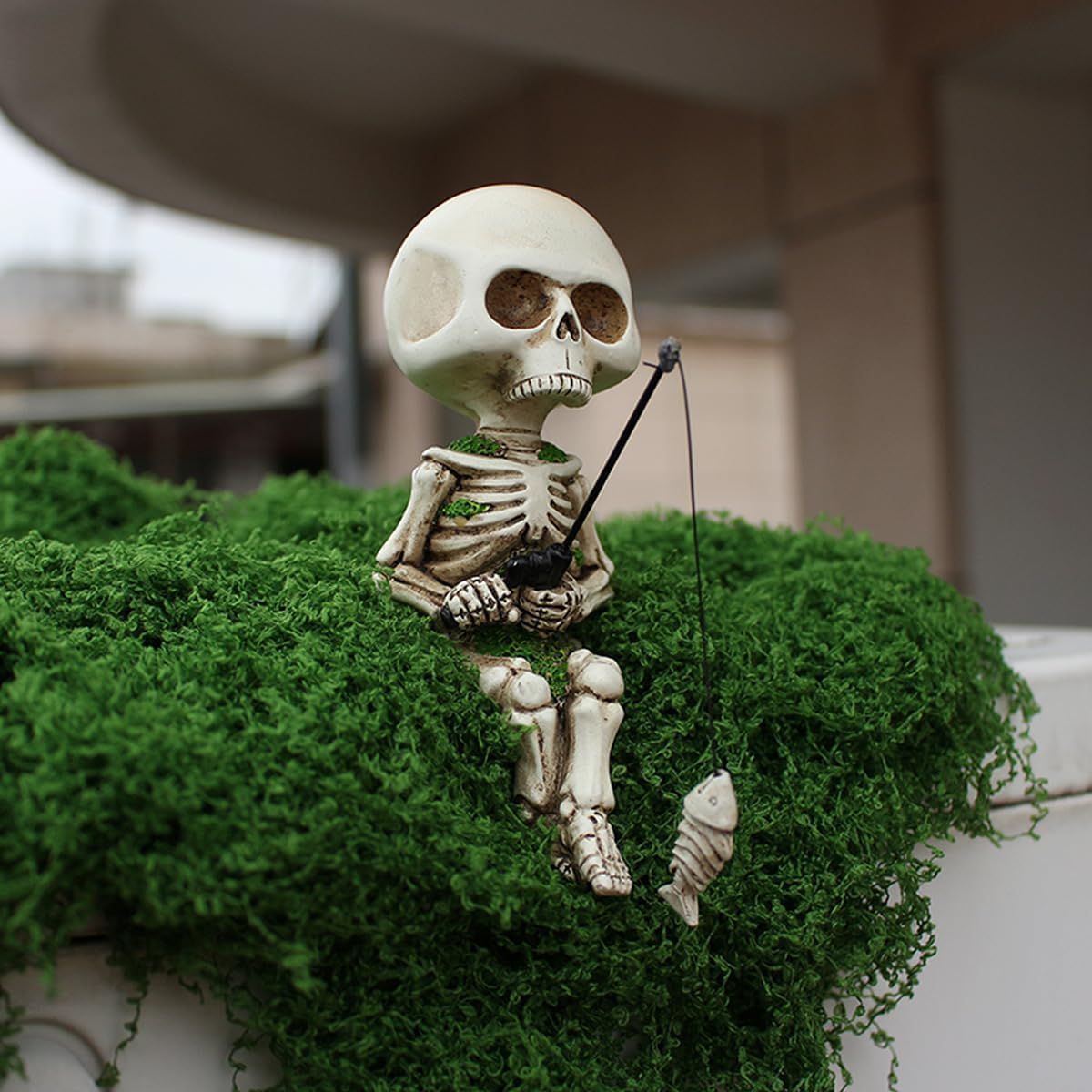 Fishing Skeleton Statue Halloween Decorations, 4.5 Inch Cute Sitting Skull Figurine Shelf Sitter