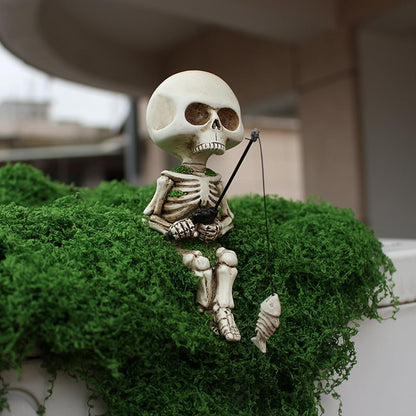 Fishing Skeleton Statue Halloween Decorations, 4.5 Inch Cute Sitting Skull Figurine Shelf Sitter