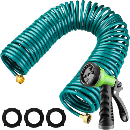 Pangda 100 Ft x 3/8'' Coil Garden Hose EVA Recoil Garden Self Coiling Expanding Water Hose with 6