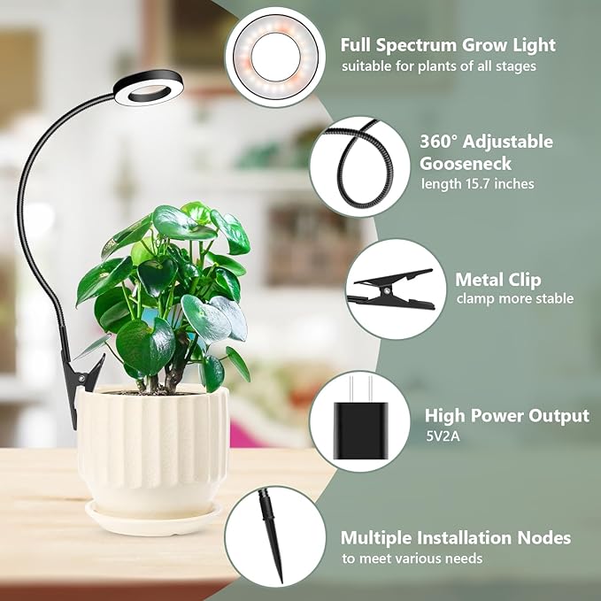 Clip on Grow Light, 6000K Halo Plant Lights for Growing Small Plants, LED Full Spectrum Grow Lamp