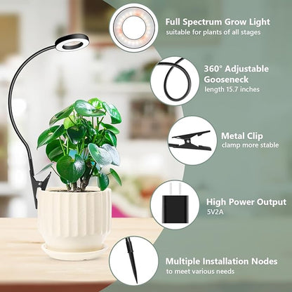 Clip on Grow Light, 6000K Halo Plant Lights for Growing Small Plants, LED Full Spectrum Grow Lamp