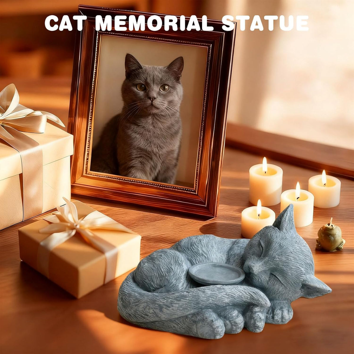 Sleeping Cat Candle Holder Statue Realistic Resin Cat Figurine with Candle Tray Outdoor Garden