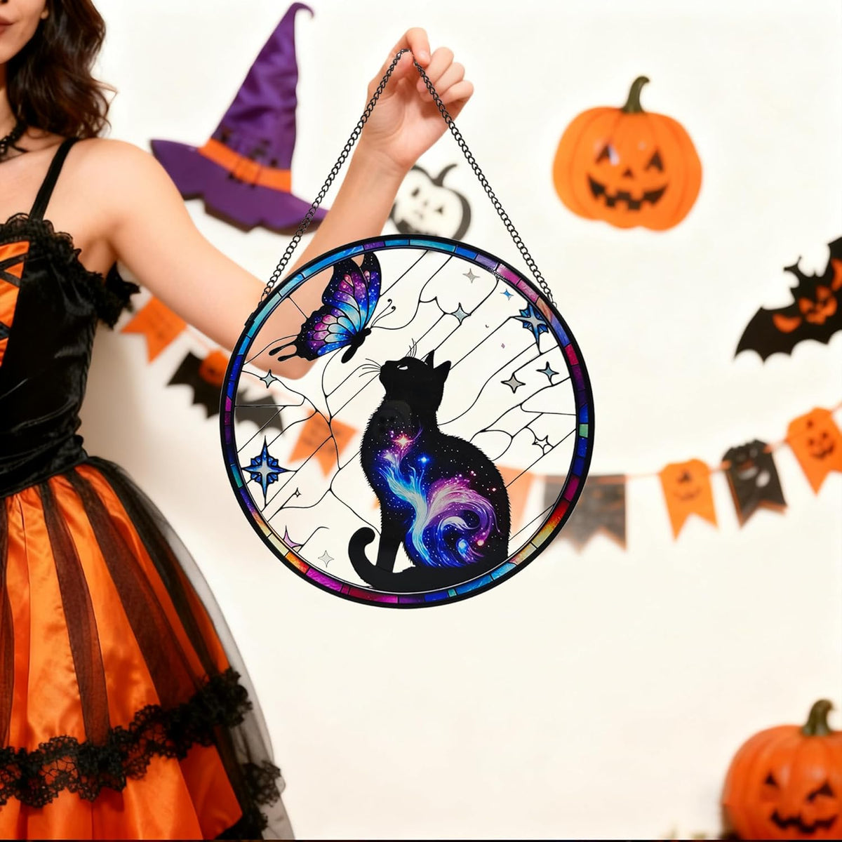 Black Cat Stained Glass Window Hanging, 9.8'' Black Cat & Butterfly with Nebula Design Suncatcher