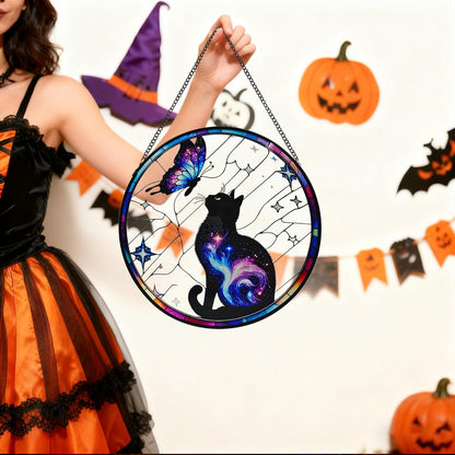 Black Cat Stained Glass Window Hanging, 9.8'' Black Cat & Butterfly with Nebula Design Suncatcher