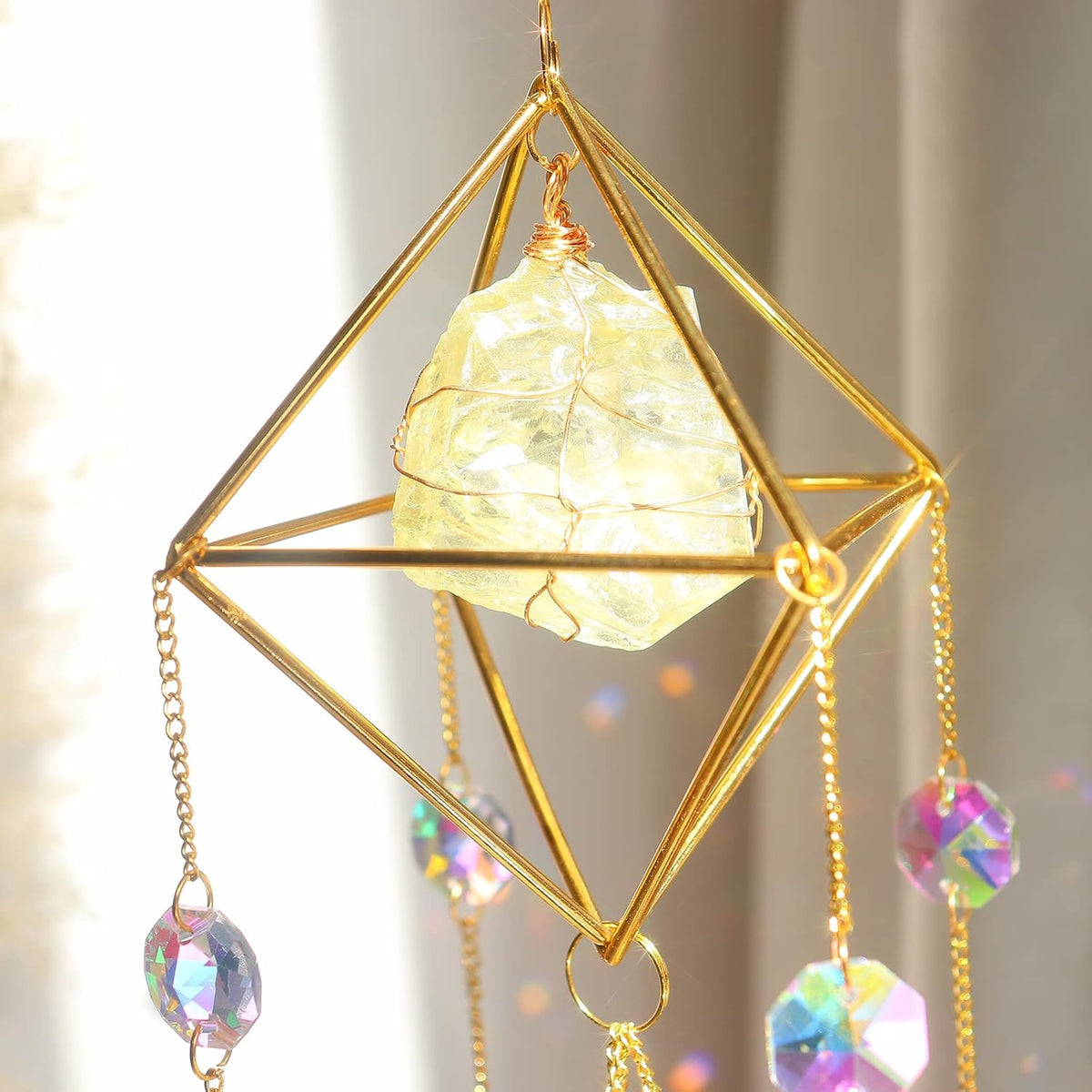 Citrine Crystal Suncatchers Colorful Prisms Windows Decor Garden Wind Chimes with Chain Pendant for