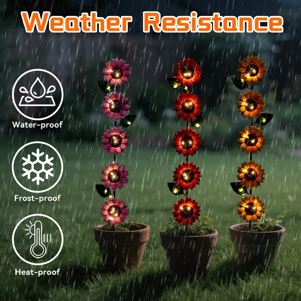Solar Garden Stakes Lights,3 Pack Metal Sunflowers for Outside,Waterproof Solar Decorative Garden