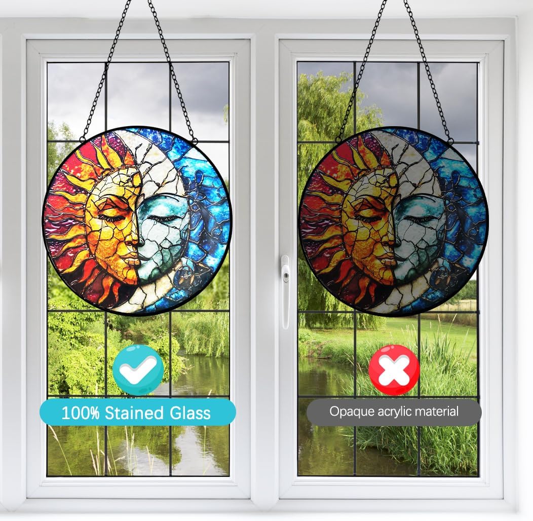 Sun and Moon Suncatcher Stained Glass Window Hanging - 8” Handmade Colorful Suncatchers for Windows