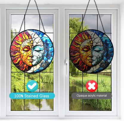 Sun and Moon Suncatcher Stained Glass Window Hanging - 8” Handmade Colorful Suncatchers for Windows