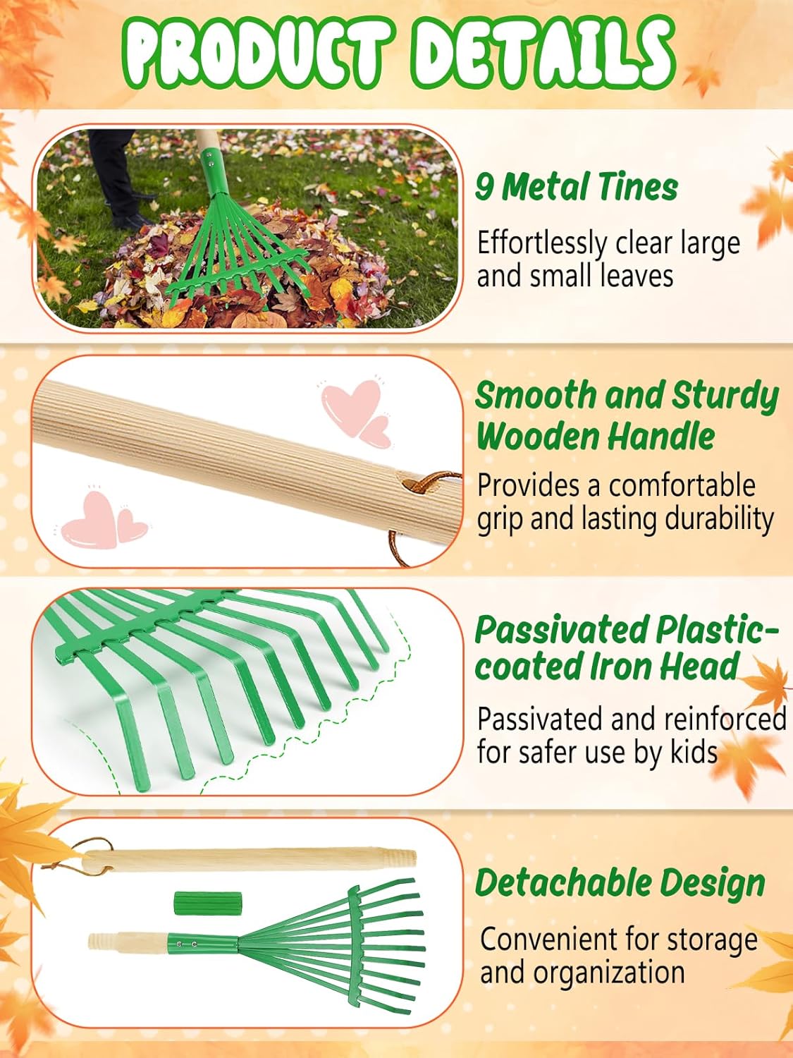 Kids Friendly Rakes for Leaves - 28" Child Size Small Rake with Durable Metal Head & Hardwood