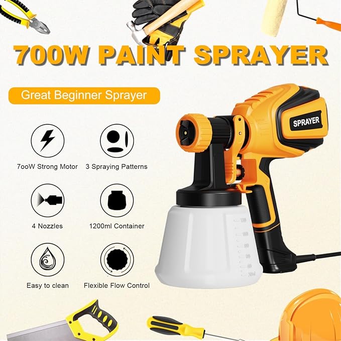 Paint Sprayer, 700W HVLP Spray Gun with Cleaning & Blowing Joints, 4 Nozzles and 3 Patterns, Easy
