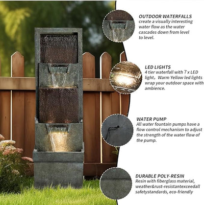 39.3”H Outdoor Garden Waterfall Fountain-Indoor Water Fountain with LED Lights, for Gardens