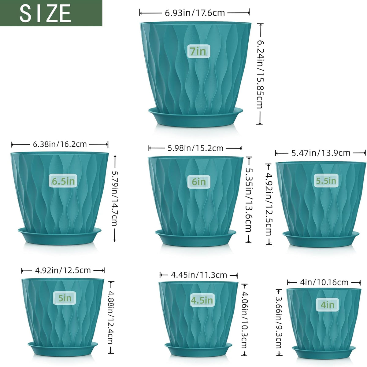 4/4.5/5/5.5/6/6.5/7 Inch Plant Pots,7 Pack Flower Pots with Drainage Holes and Trays,Plastic