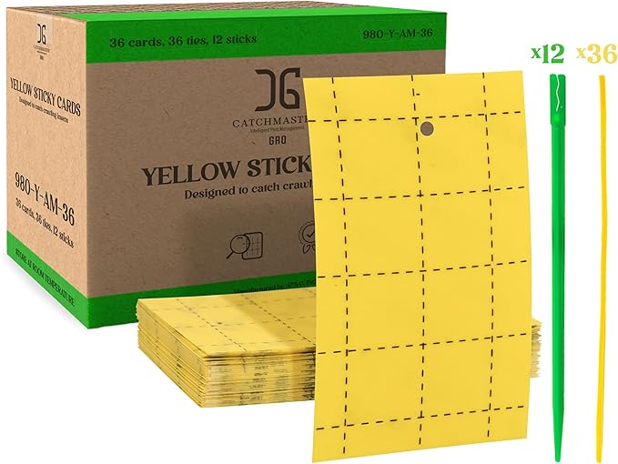 Catchmaster GRO Yellow Regular Double Sided Sticky Traps 36PK, Adhesive Bug & Fruit Fly Trap, Pest