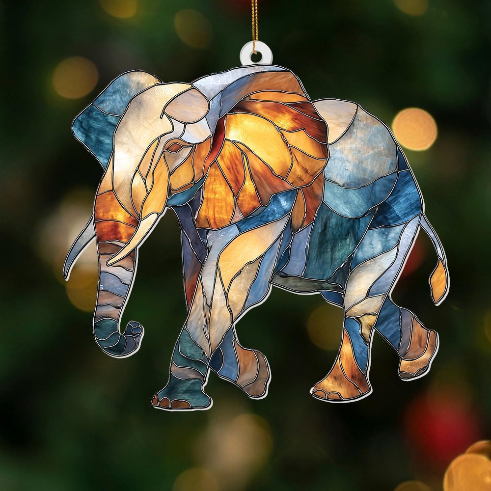 Elephant Ornament Stained Glass Style Acrylic – Window Hanging Suncatcher, Elephant Gifts for