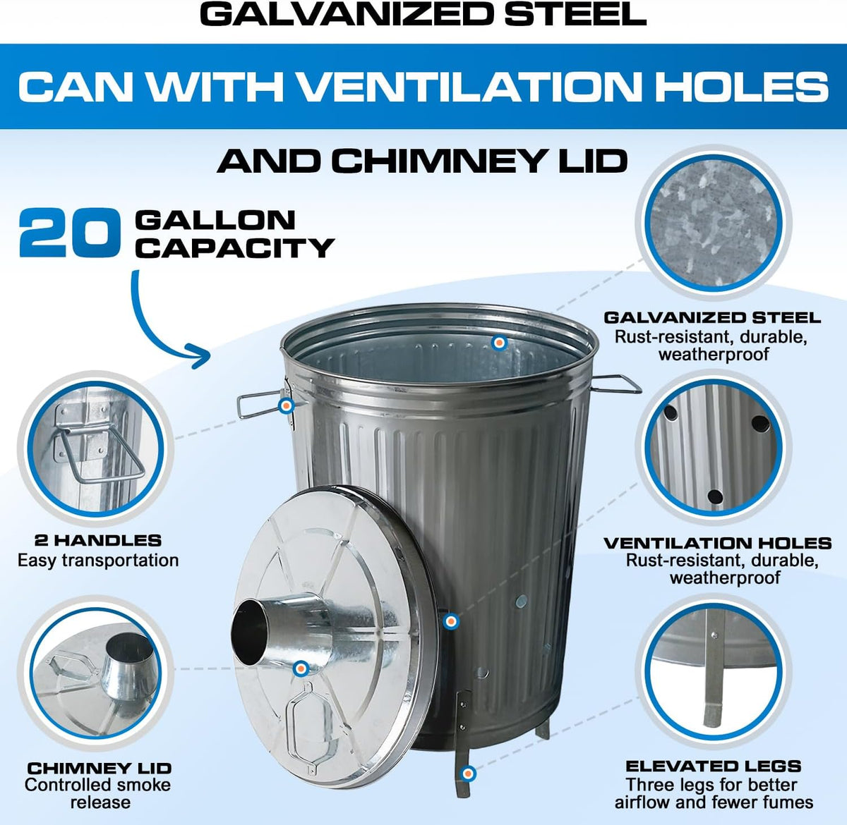 Plexon Metal Compost Bin Outdoor Burn Bin - Galvanized Trash Can with Lid Chimney and Vent Holes