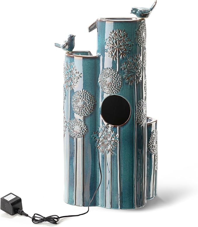 Glitzhome 31.75" H Outdoor Water Fountain with LED Lights and Pump, 4 Tier Dandelion Texture Vase