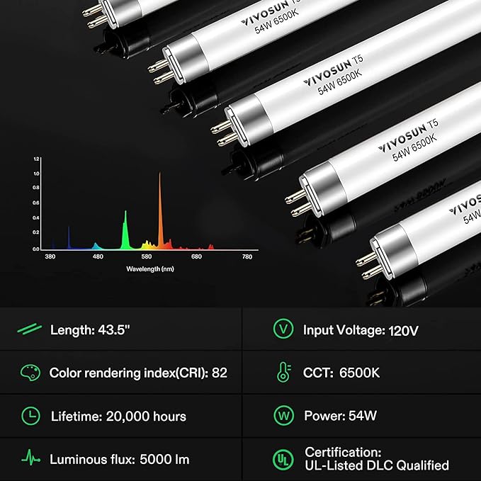 VIVOSUN T5 Grow Light Bulbs 4 Ft 46 Inches, 54W 6500K HO Fluorescent Tubes Light Bulbs, Cool White
