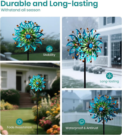 Solar Wind Spinners Outdoor – H63xW13 Metal Kinetic Garden Spinner with Crackle Glass Ball &