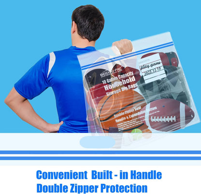 10 Gallon Large Storage Bags with Handle, 25 Counts | Double Zipper Seal | Expandable Bottom