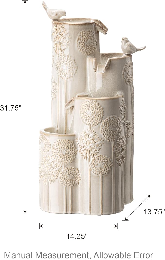 Glitzhome 31.75" H Outdoor Water Fountain with LED Lights and Pump, 4 Tier Dandelion Texture Vase