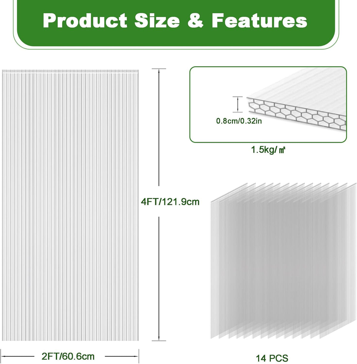 6PCS Polycarbonate Greenhouse Panels, 4' x 2' x 0.32'' Three-layer Honeycomb Panels Polycarbonate