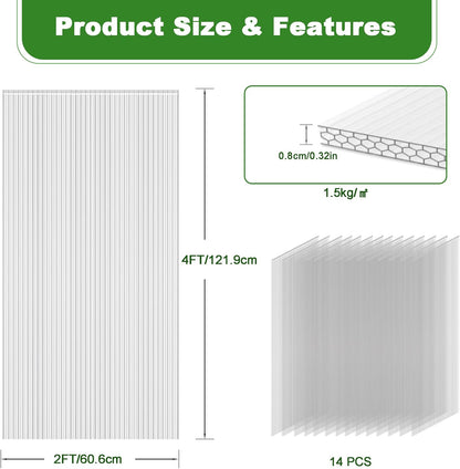 6PCS Polycarbonate Greenhouse Panels, 4' x 2' x 0.32'' Three-layer Honeycomb Panels Polycarbonate