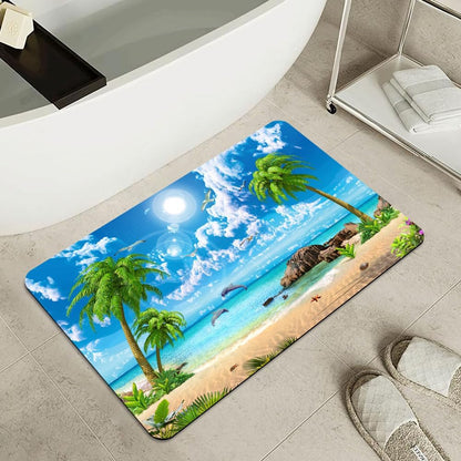 Bath Mat-Bathroom Rug，Summer Coconut Beach Dolphins-Absorbent Non Slip Quick Dry Stain Resistant