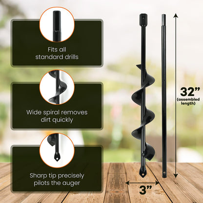 Auger Post Hole Digger 3" Wide 32" Deep - Earth Auger - Trench Digger - Hole Digger Tool for Fence