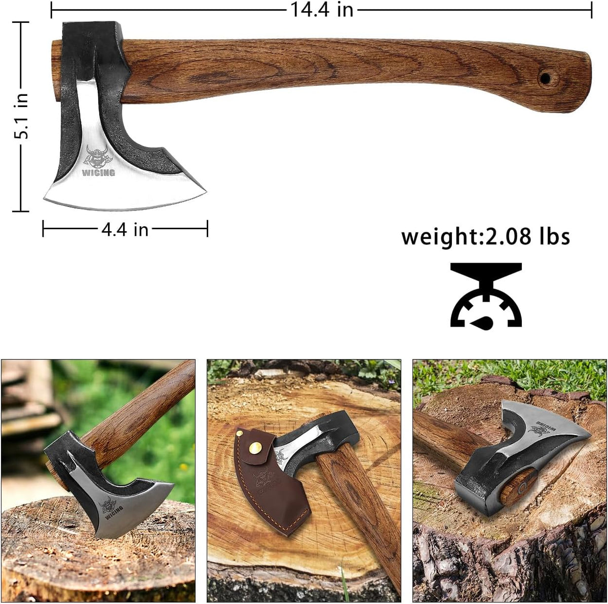 Camping Hatchet, 14.2-inch Splitting Axe with Leather Sheath, Chopping Axe 1065 High Manganese