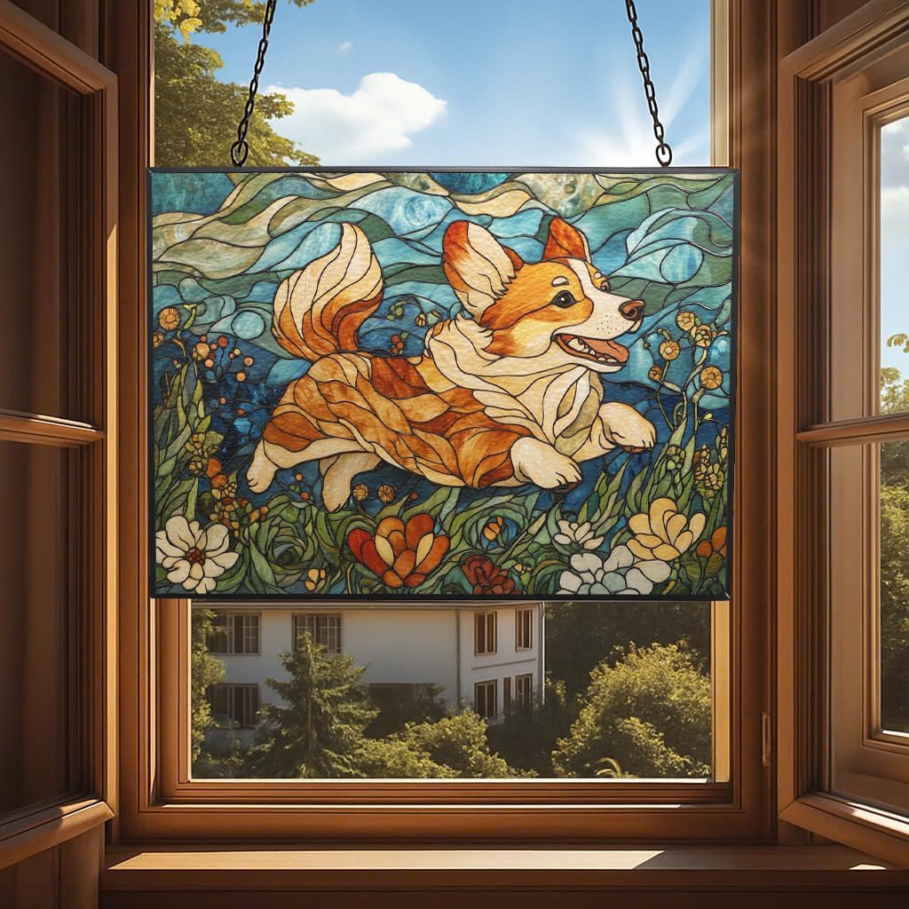 Customized Rectangle Art Nouveau Meadow Corgi Stained Glass Window Hanging Suncatcher Stained Glass