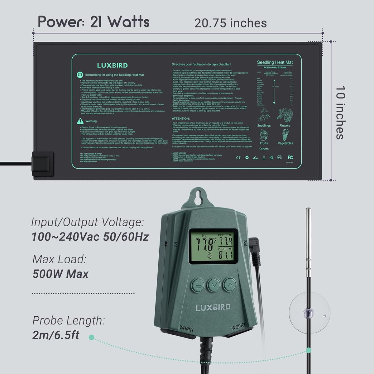 LUXBIRD 2 Pack 10"x 20.75" Seedling Heat Mat and Digital Thermostat Controller Combo Set (120v US