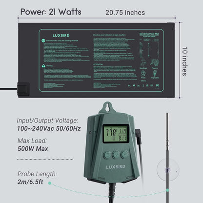 LUXBIRD 2 Pack 10"x 20.75" Seedling Heat Mat and Digital Thermostat Controller Combo Set (120v US