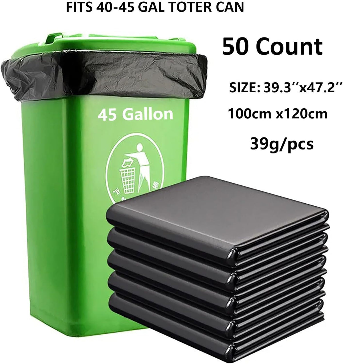 45 Gallon Trash Bags 1.8 Mil -39.3''x47.2'' Pack of 50 Thick Large Heavy Duty Multi-Use Garbage