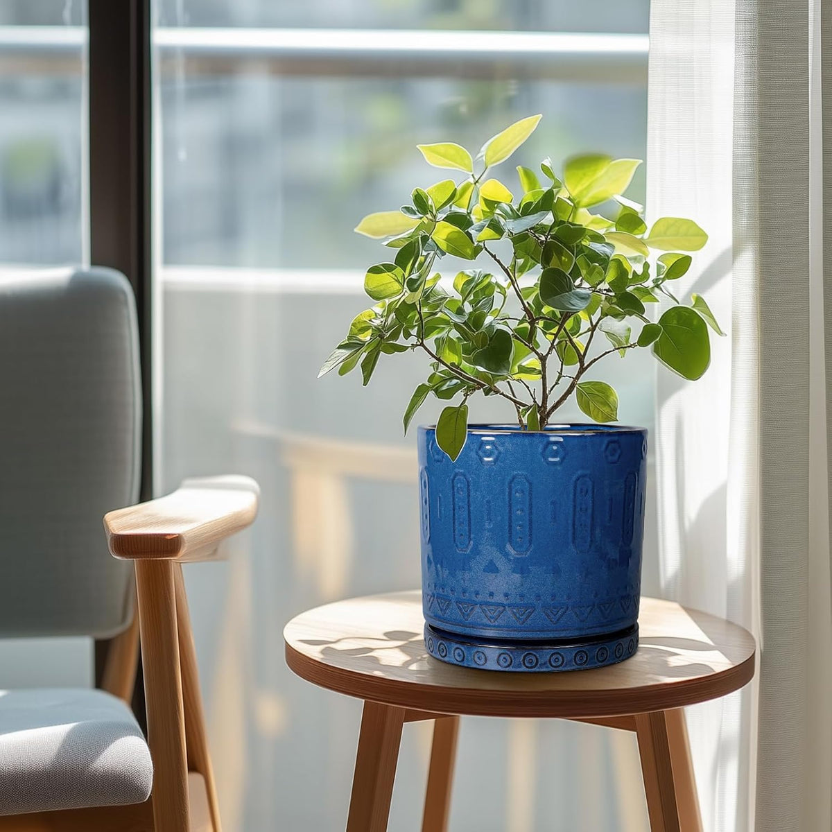 Ceramic Planter - 8 Inch Plant Pot Indoor with Drainage Holes and Saucer Round Planter Outdoor