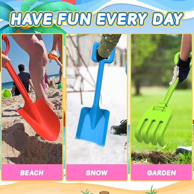 3 PCS Beach Shovel Sand Shovels Toys for Kids Adults, 16 Inch Spade Rake Sandbox, Sturdy Scoop