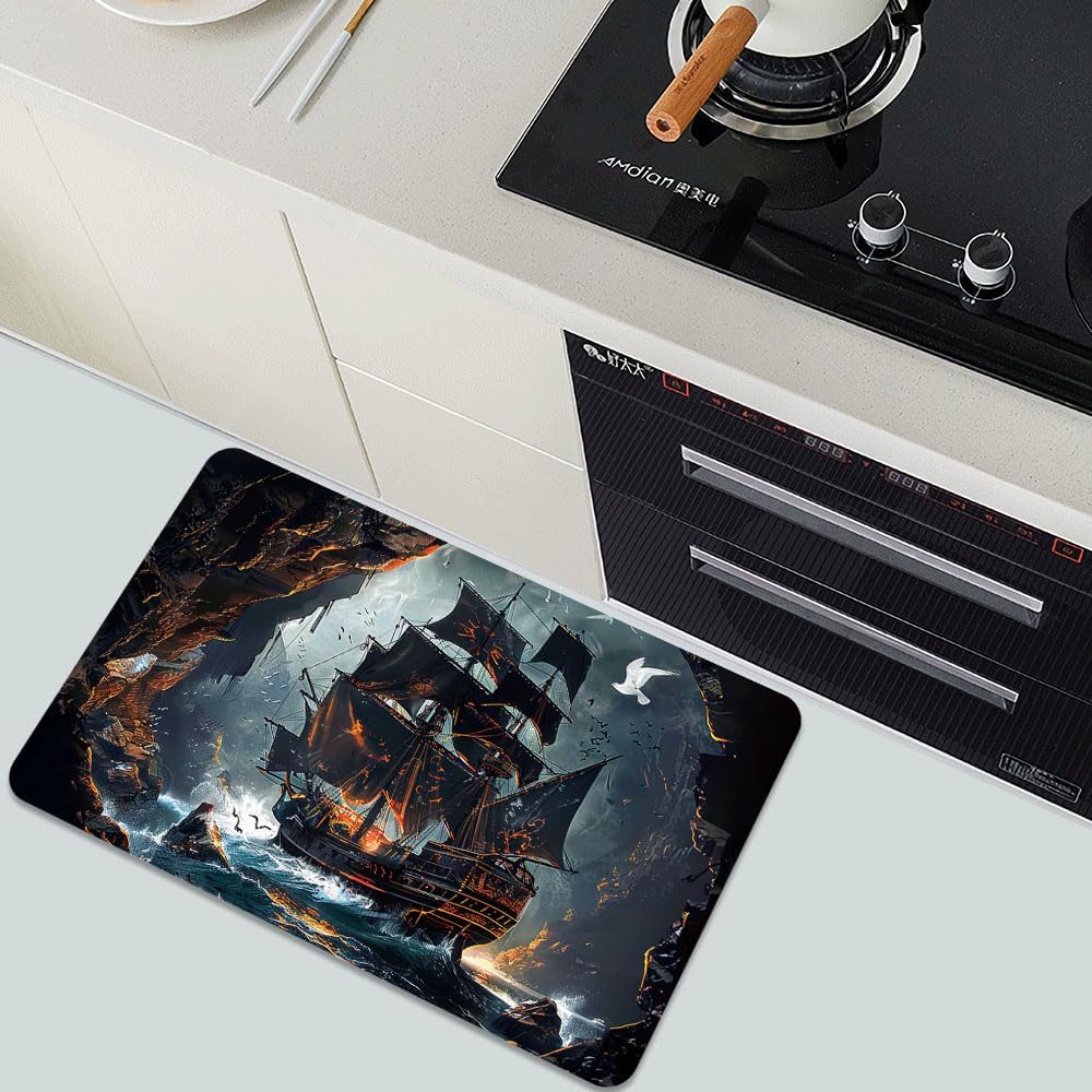 Bath Mat-Bathroom Rug，Dark Pirate Ship-Absorbent Non Slip Quick Dry Stain Resistant Easy to Clean