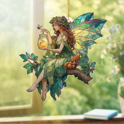 Fairy Stained Glass Acrylic Ornament – Enchanted Forest Fairy with Squirrel, Hanging Window Sun