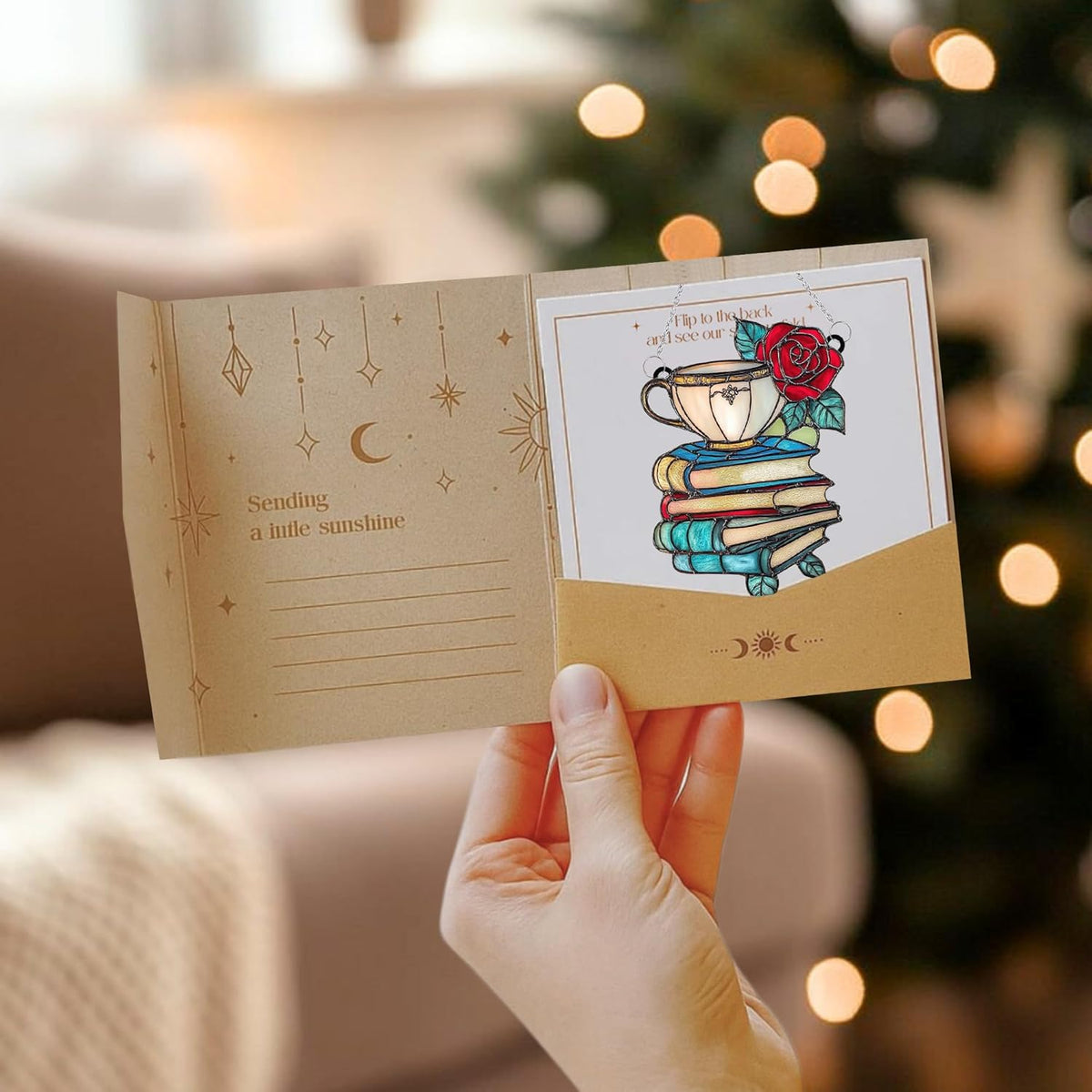 Teacup Books Bookish Acrylic Suncatcher Stained Glass Effect Window Car Hanging Christmas Ornament