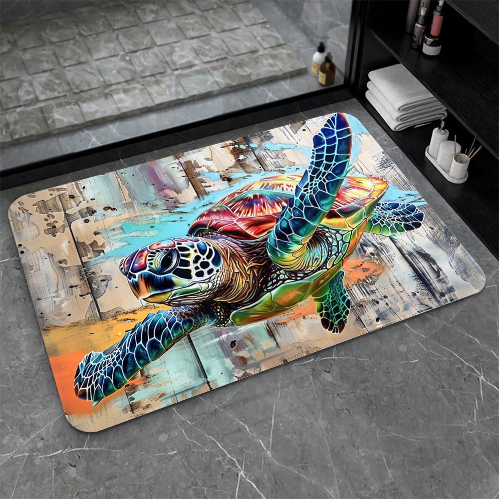Bath Mat-Bathroom Rug，Sea Turtle in Flight-Absorbent Non Slip Quick Dry Stain Resistant Easy to