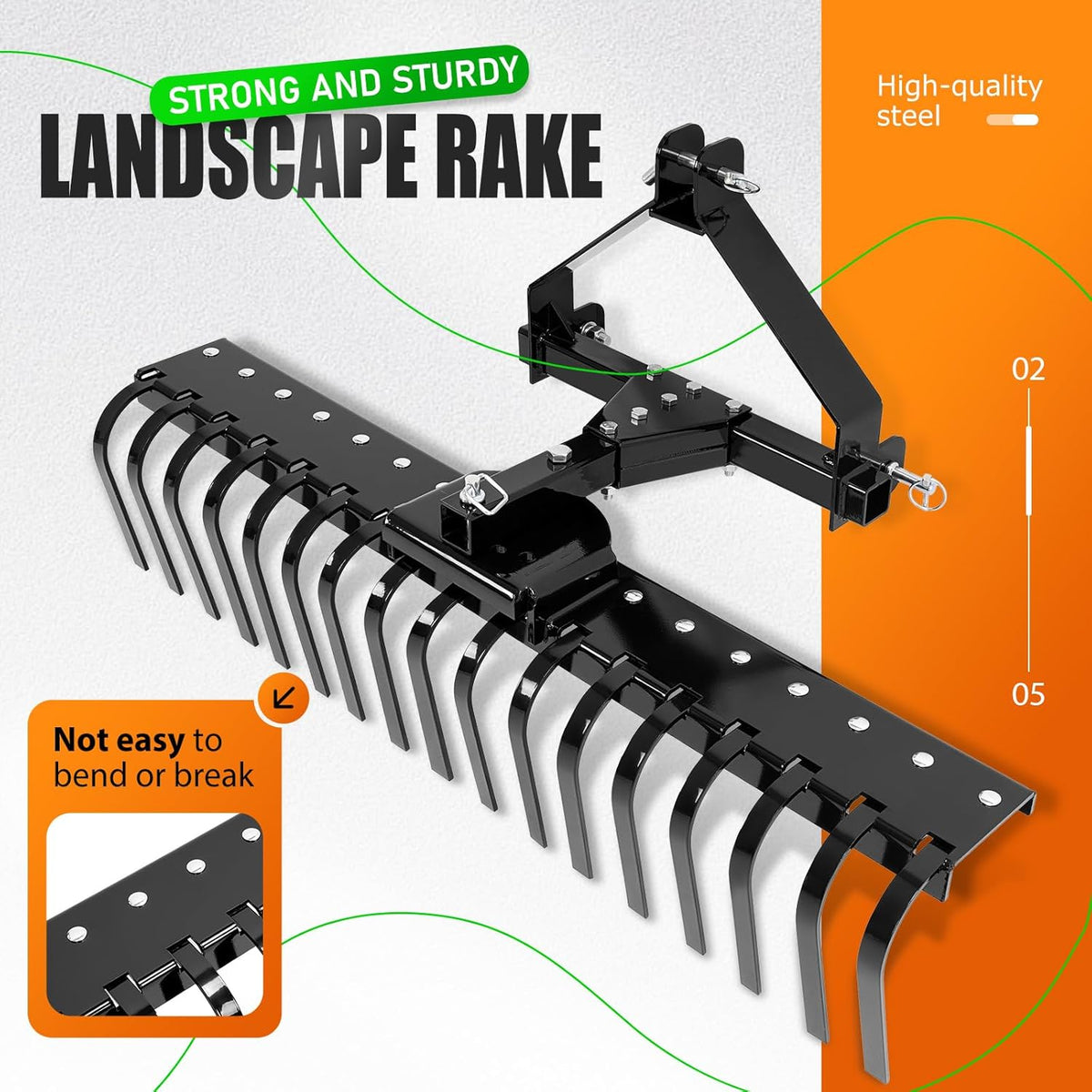 KUAFU 50" 3 Point Landscape Rake for Category-0 Cat-0 Tractor with 360 Degree Rotation, Replaceable