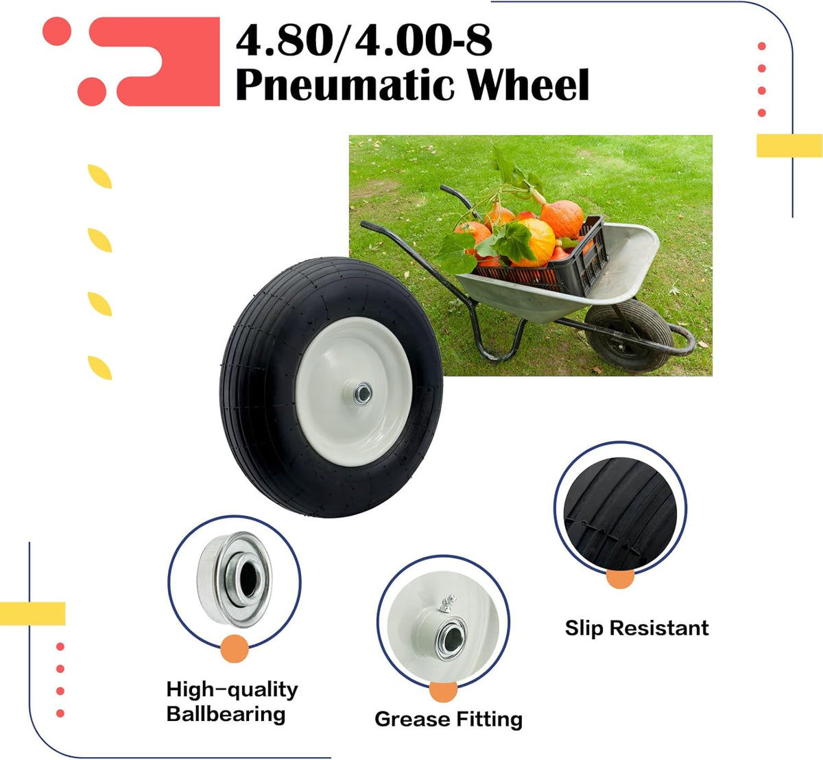 2-Pack 4.80-8 Wheelbarrow Tire with Rim 3"-6''Centered Hub, 3/4" or 5/8''or 1/2'' Bearings, 16‘’