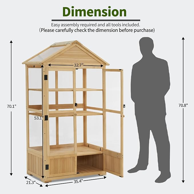 Macrout 3-Tier Solid Wood Cold Frame Greenhouse Cabinet Adjustable Shelves, Dual-Use Insulated Shed