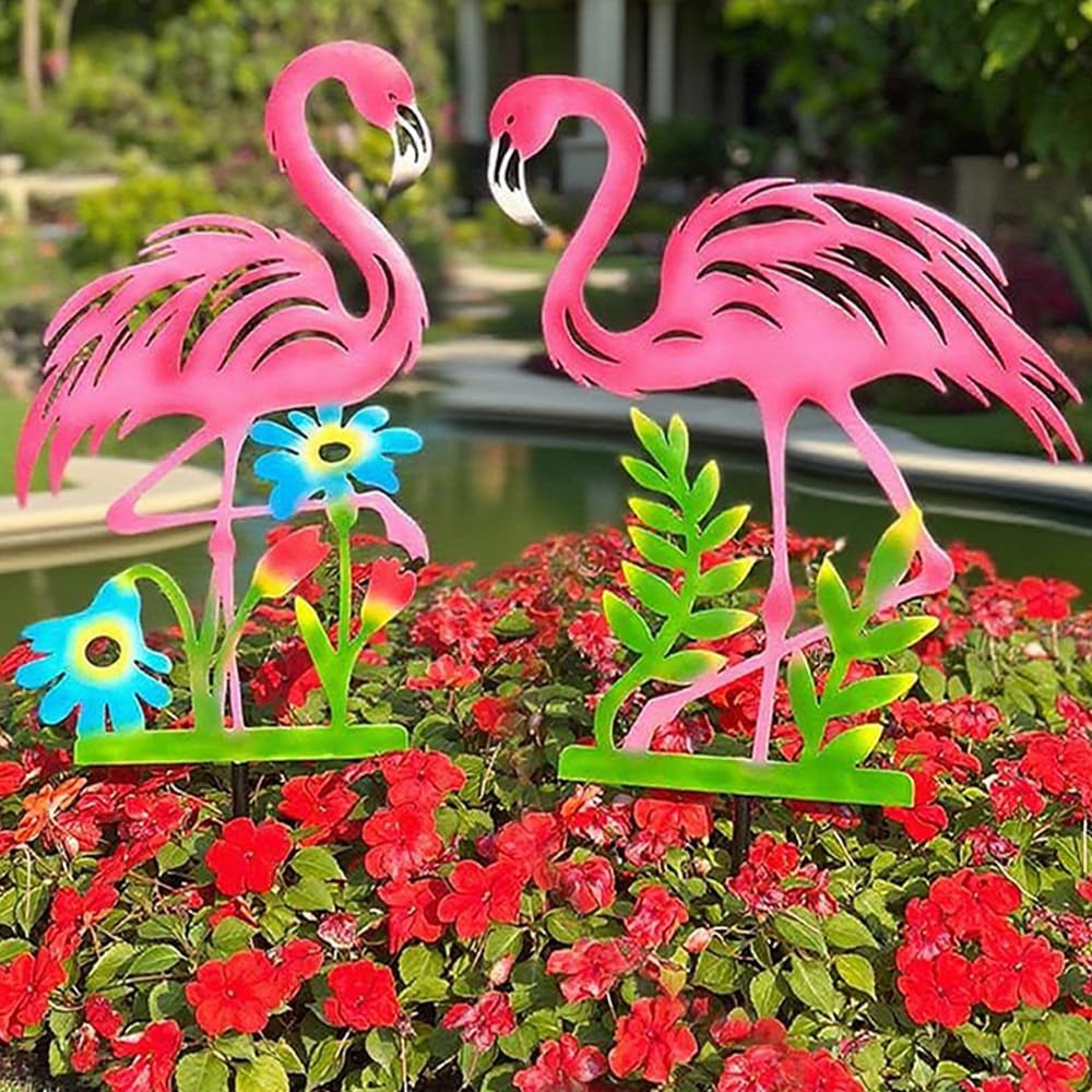 2 Pack Pink Flamingo Garden Statue - 20.5 inch Hand Flamingo Painted Metal Patio Art, Outdoor